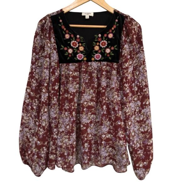 Umgee Tops - Umgee Women's Embroidered Velvet Yoke Floral Long Sleeve Boho Blouse Wine Small